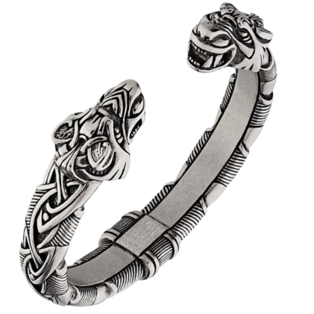NEW Silver Wolf Head Viking Norse Knotwork Cuff Bangle Mens Bracelet